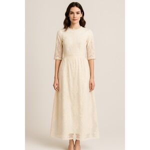 Vintage Ivory Wedding Dress Midi Lace Overlay Hidden Back Zipper‎ Size L